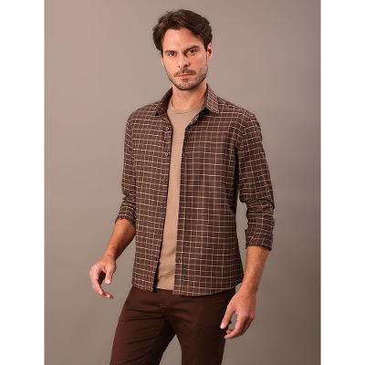 Camisa Manga Longa Masculino Slim Check - Marrom