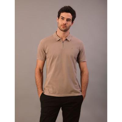 Polo Manga Curta Calvin Klein Masculino Slim Meio Zíper - Caqui Medio