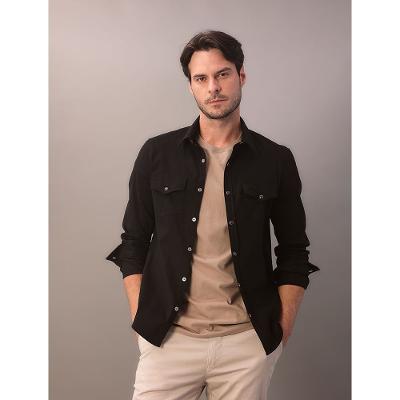 Camisa Manga Longa Slim Cotelê Com Bolsos - Preto