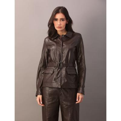 Jaqueta Calvin Klein Feminina de Couro Com Cinto - Marrom