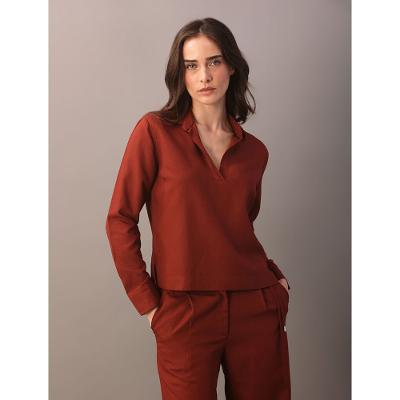 Top Calvin Klein Feminino Manga Longa Com Gola de Camisa - Ferrugem