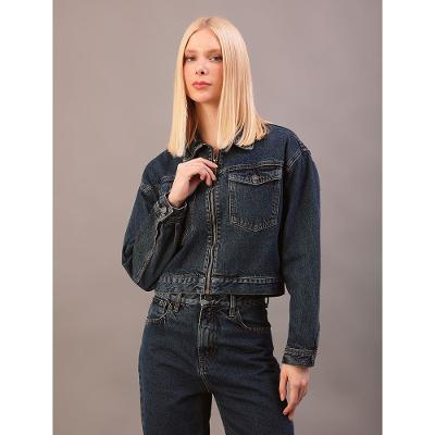 Jaqueta Jeans Feminina Cropped Com Zíper - Marinho