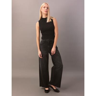 Calça Jeans Wide Leg Feminina Barras a Fio - Preto