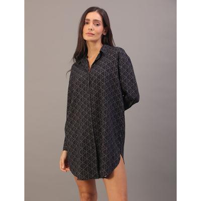 Chemise Feminina Manga Longa Viscose Estampada - Preto