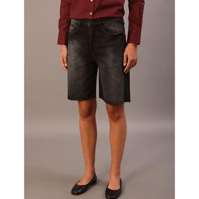 Bermuda Jeans Baggy Feminina Barras a Fio - Preto