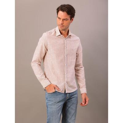 Camisa Manga Longa Slim Linen Stripes - Caqui Medio