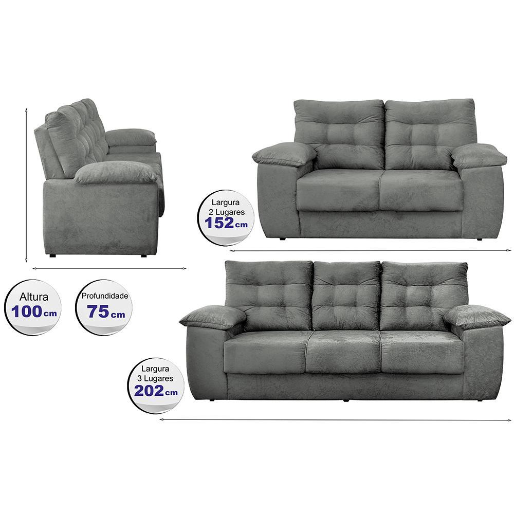 Conjunto Sofá Luxemburgo 3 E 2 Lugares 1,52m e 2,02m Suede Cinza - 3