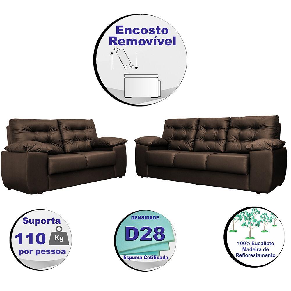 Conjunto Sofá Luxemburgo 3 E 2 Lugares 1,52m e 2,02m Courino Marrom - 3