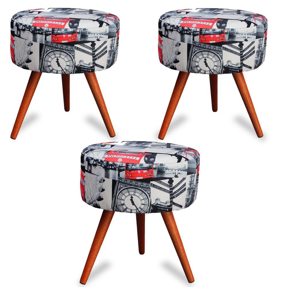 Kit 3 Puff Cama Inbox Londres Redondo com Pés em Madeira Maciça Tecido Suede - 1