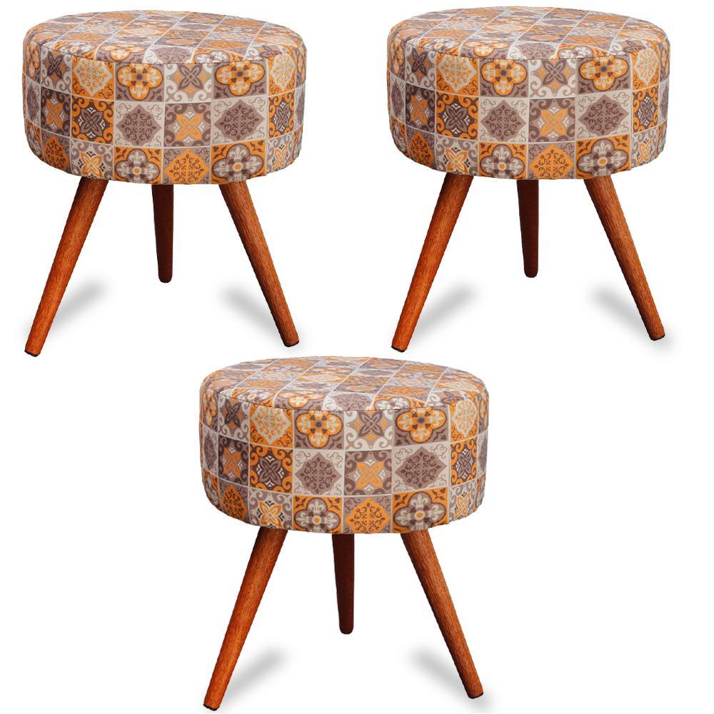 Kit 3 Puff Cama Inbox Bagdade Redondo com Pés em Madeira Maciça Tecido Suede - 1