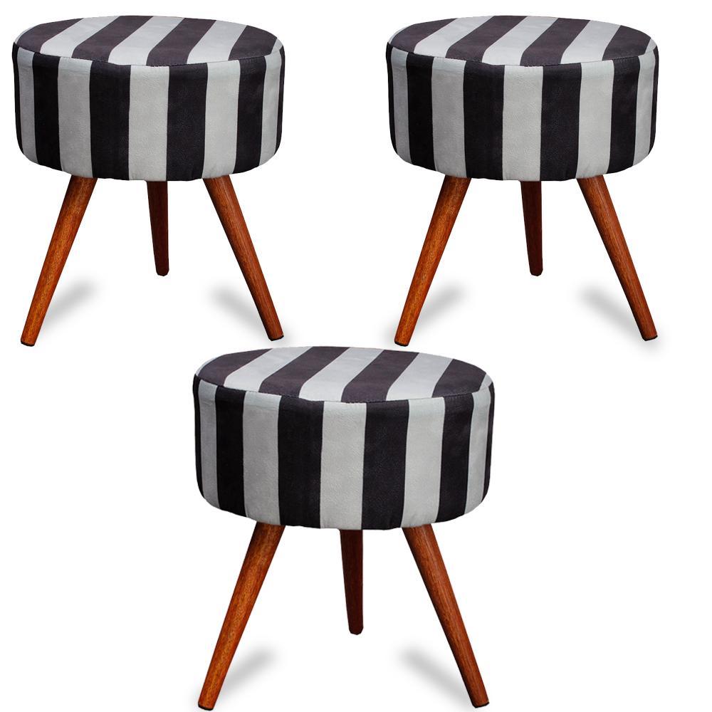 Kit 3 Puff Cama Inbox Hamburgo Redondo com Pés em Madeira Maciça Tecido Suede - 1