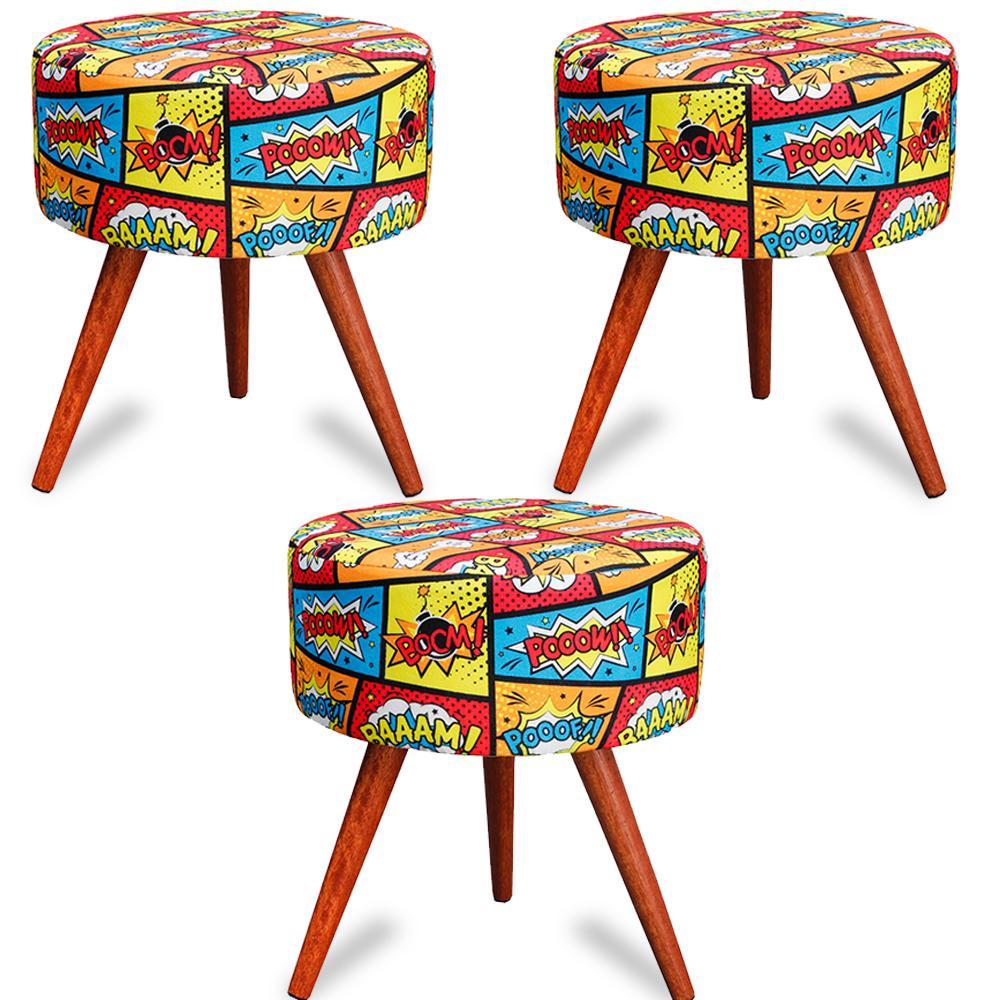 Kit 3 Puff Cama Inbox Boom Redondo com Pés em Madeira Maciça Tecido Suede - 1