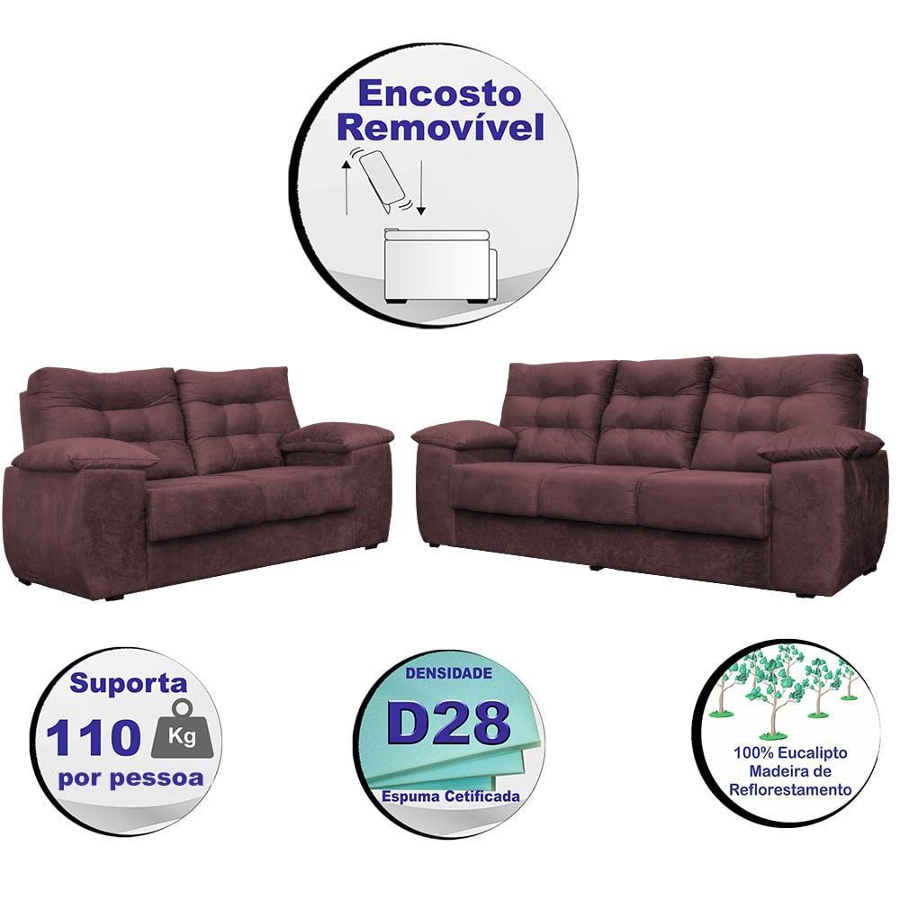 Conjunto Sofá Luxemburgo 3 E 2 Lugares 1,52m e 2,02m Suede Vinho - 3
