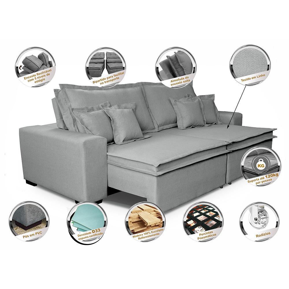 Sofa Retrátil e Reclinável com Molas Cama inBox Premium 2,12m tecido em linho Cinza Claro - 4