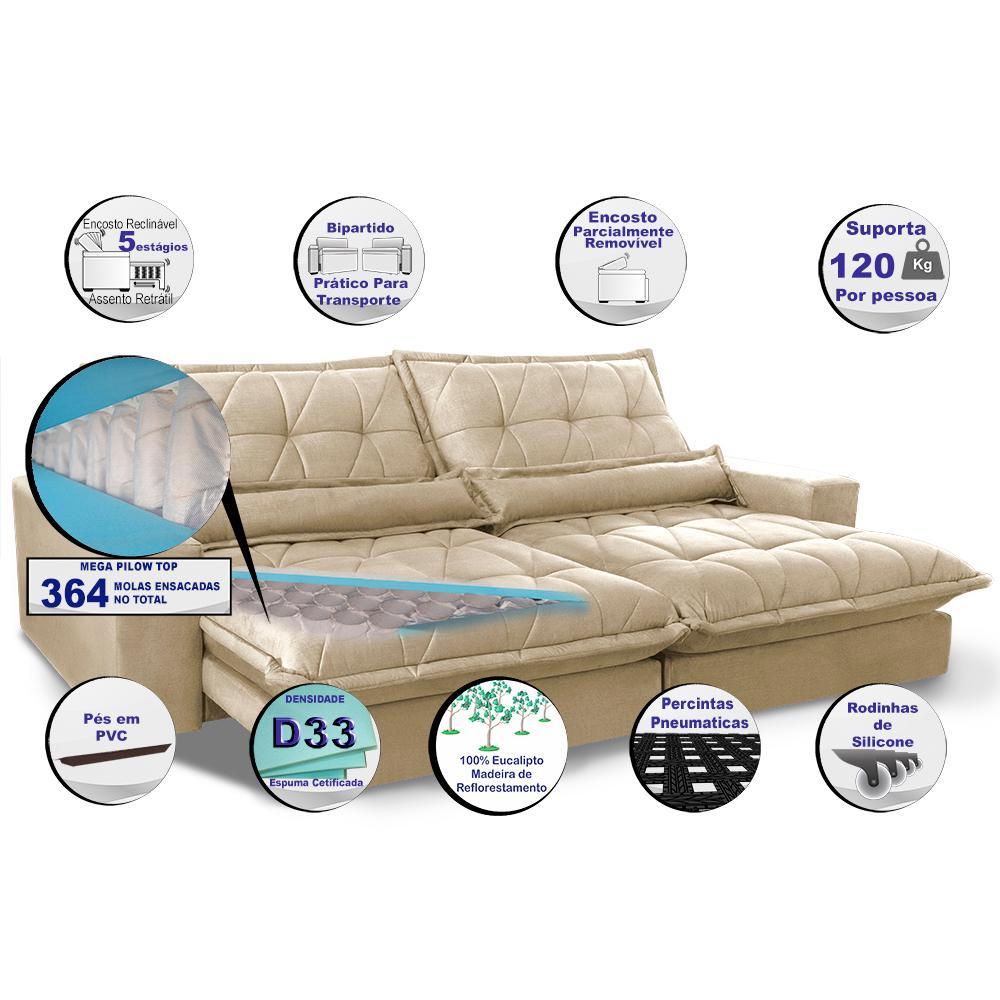 Sofa Retrátil e Reclinável 3,12m com Molas Ensacadas Cama inBox Soft Tecido Suede Bege - 3
