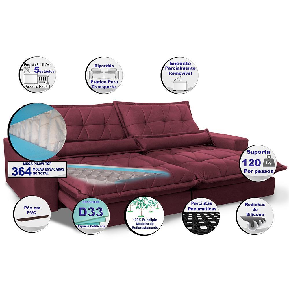 Sofa Retrátil e Reclinável 3,12m com Molas Ensacadas Cama inBox Soft Tecido Suede Vinho - 3