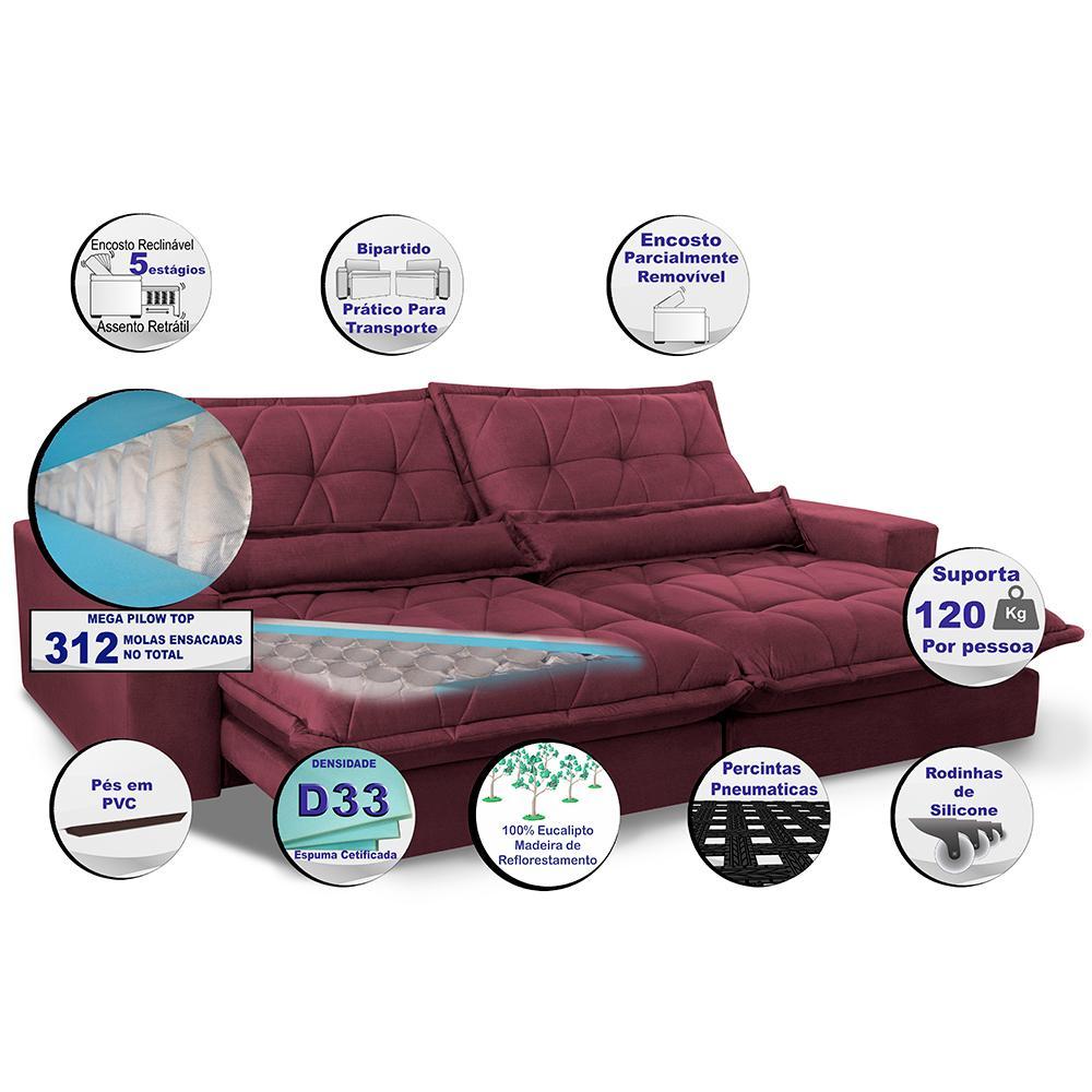 Sofa Retrátil e Reclinável 2,92m com Molas Ensacadas Cama inBox Soft Tecido Suede Vinho - 3
