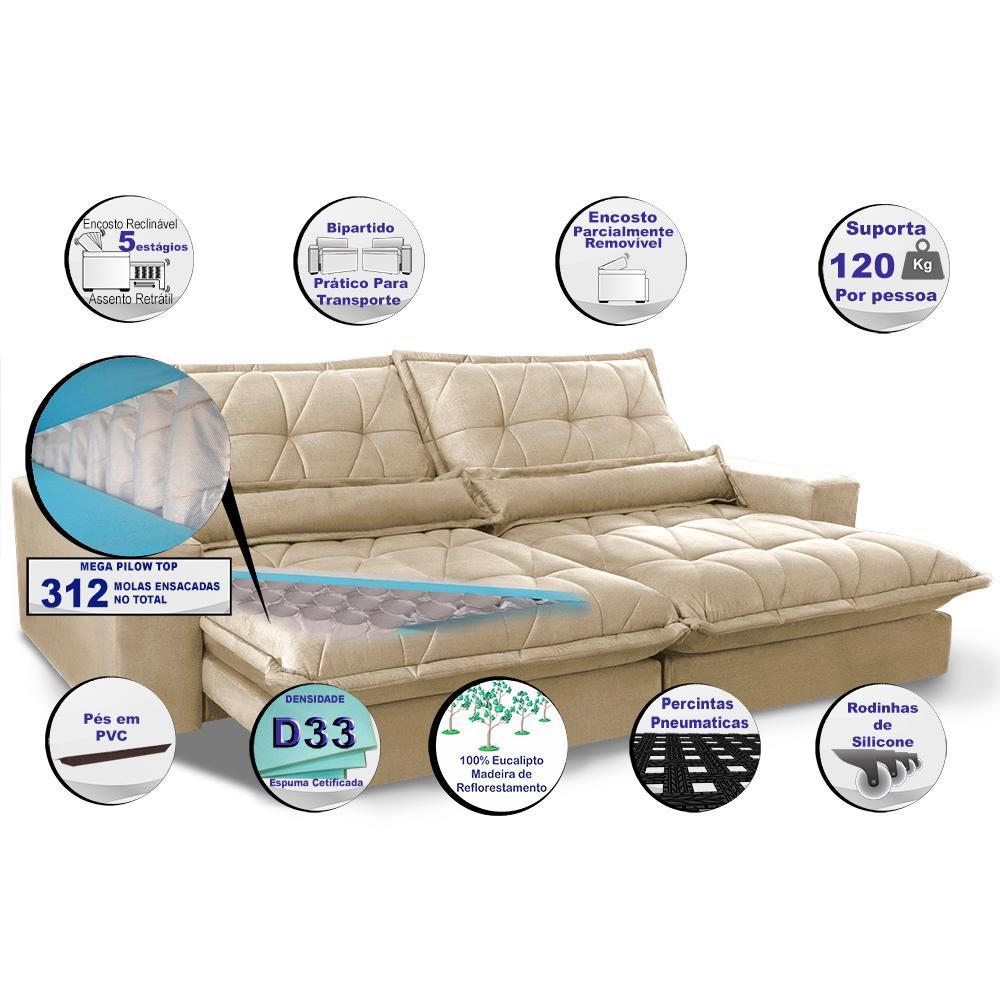 Sofa Retrátil e Reclinável 2,92m com Molas Ensacadas Cama inBox Soft Tecido Suede Bege - 3