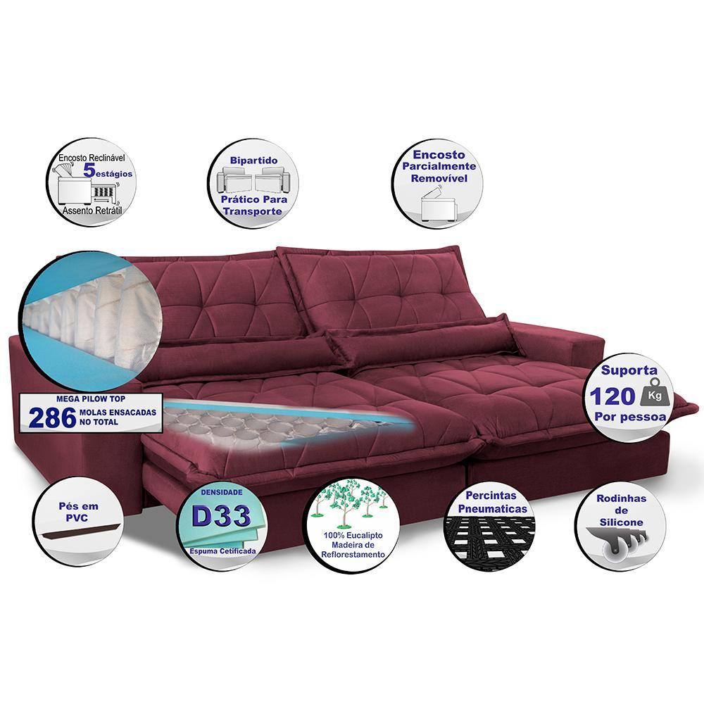 Sofa Retrátil e Reclinável 2,72m com Molas Ensacadas Cama inBox Soft Tecido Suede Vinho - 3