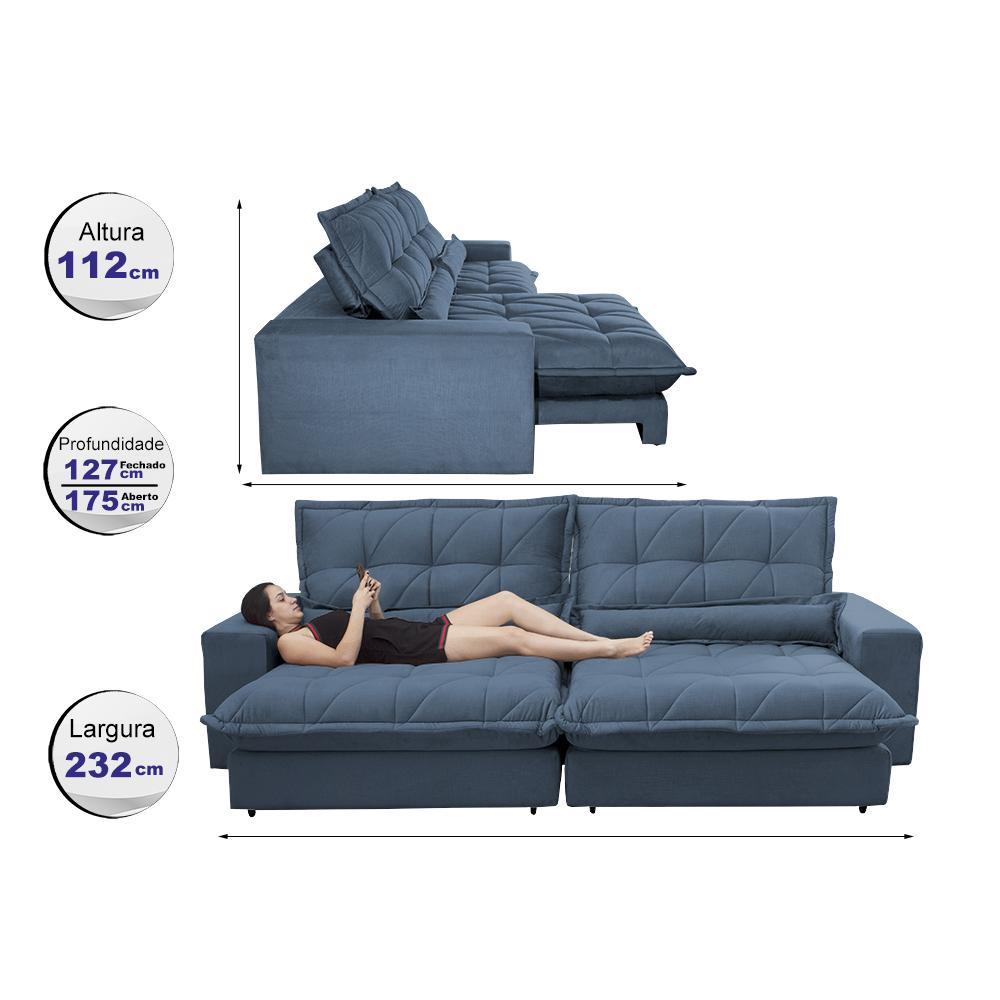 Sofa Retrátil e Reclinável 2,32m com Molas Ensacadas Cama inBox Soft Tecido Suede Azul - 2