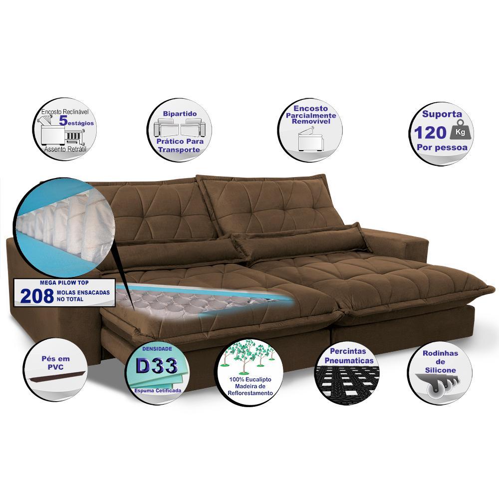 Sofa Retrátil e Reclinável 2,32m com Molas Ensacadas Cama inBox Soft Tecido Suede Café - 3