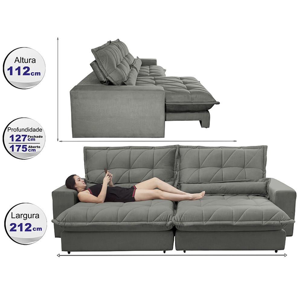 Sofa Retrátil e Reclinável 2,12m com Molas Ensacadas Cama inBox Soft Tecido Suede Cinza - 2
