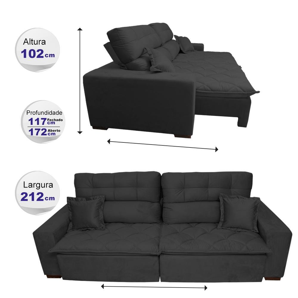 Sofá 2,12m Retrátil e Reclinável com Molas Cama inBox Confort Tecido Suede Velusoft Preto - 2
