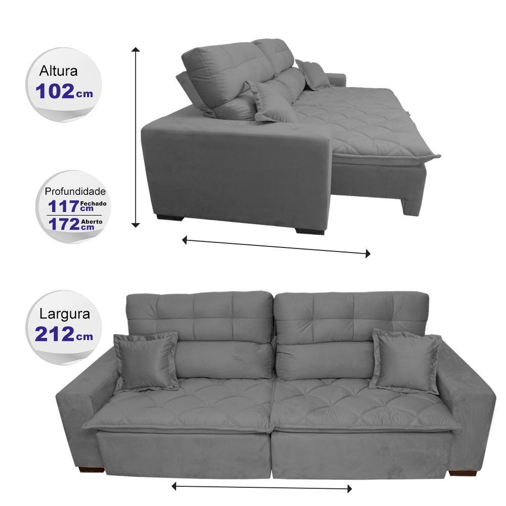 Sofá 2,12m Retrátil e Reclinável com Molas Cama inBox Confort Tecido Suede Velusoft Cinza - 2