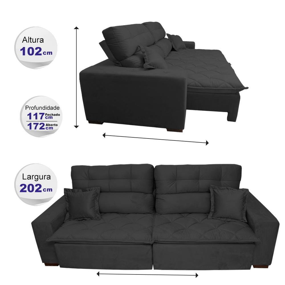 Sofá 2,02m Retrátil e Reclinável com Molas Cama inBox Confort Tecido Suede Velusoft Preto - 2