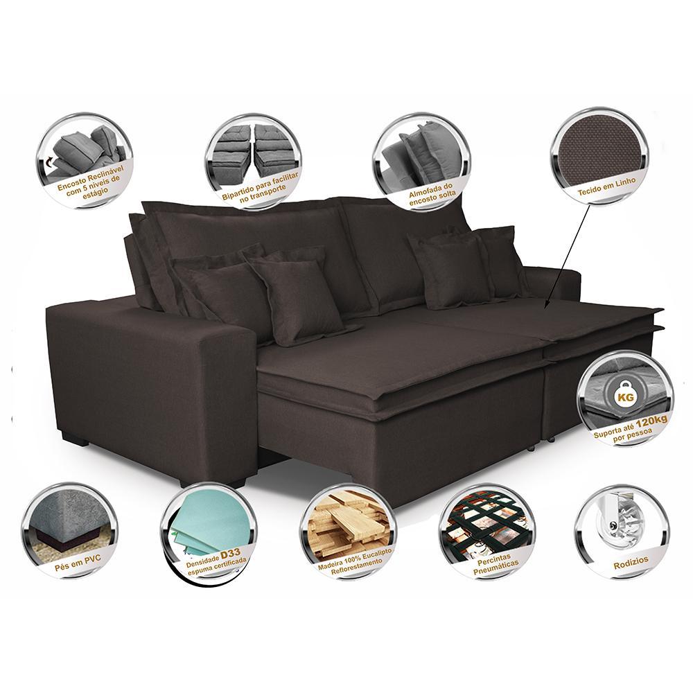 Sofa Retrátil e Reclinável com Molas Cama inBox Premium 3,12m tecido em linho Marrom - 4