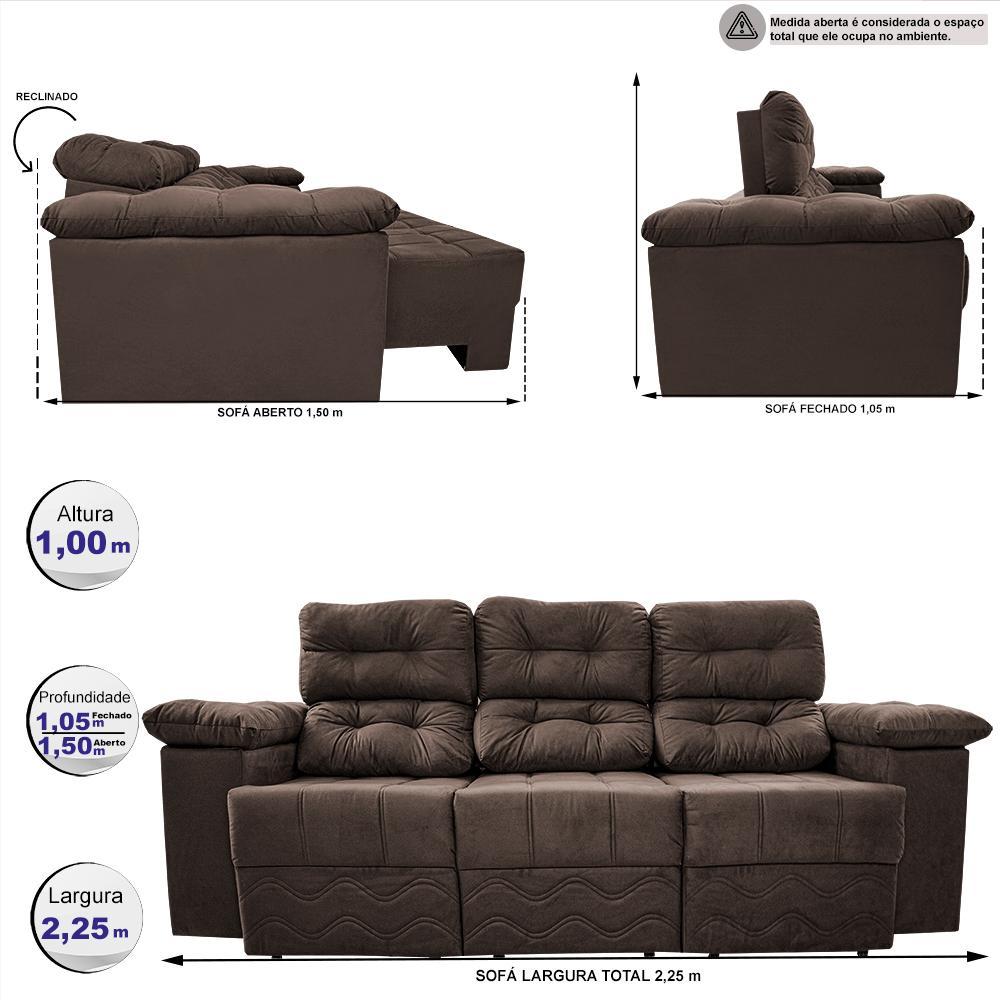 Sofa Itália 2,25 Mts Retrátil e Reclinavel Tecido Suede Café - Cama InBox - 2