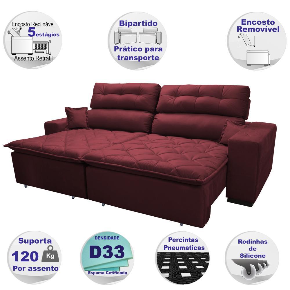 Sofá 2,52m Retrátil e Reclinável com Molas Cama inBox Confort Tecido Suede Velusoft Vinho - 3