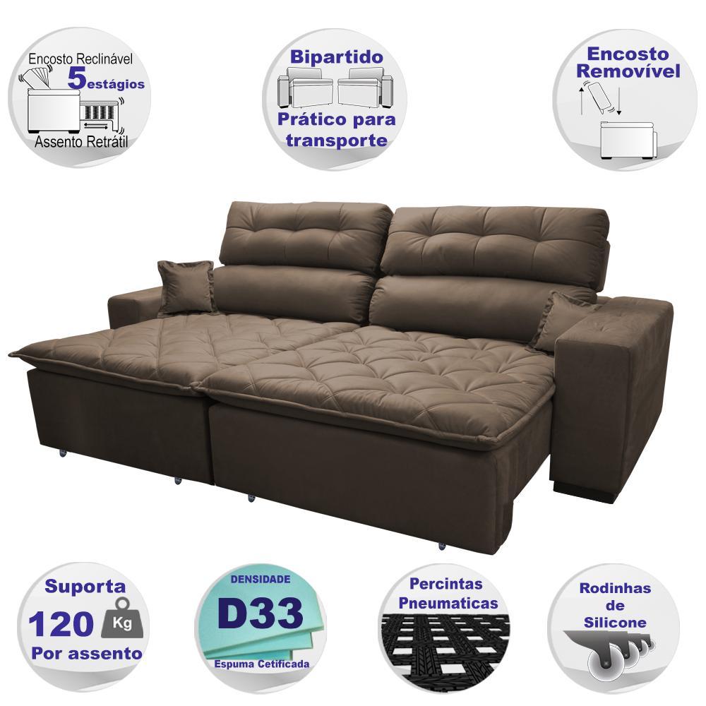 Sofá 2,82m Retrátil e Reclinável com Molas Cama inBox Confort Tecido Suede Velusoft Café - 3