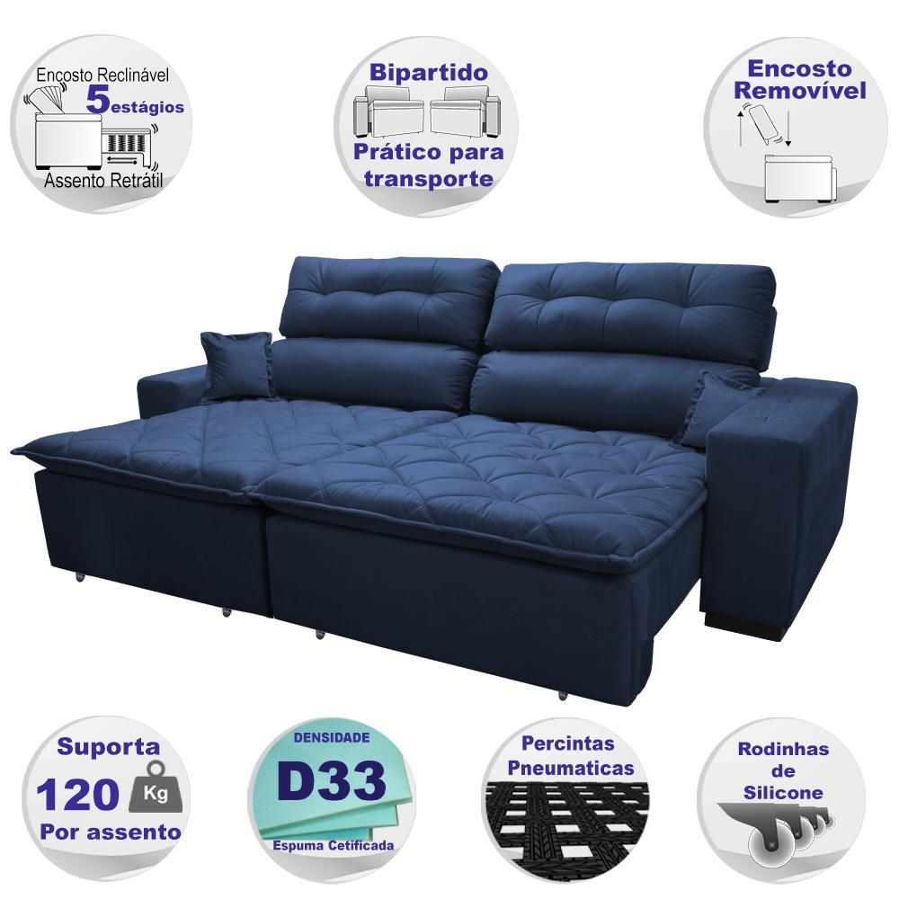 Sofá 2,92m Retrátil e Reclinável com Molas Cama inBox Confort Tecido Suede Velusoft Azul - 3