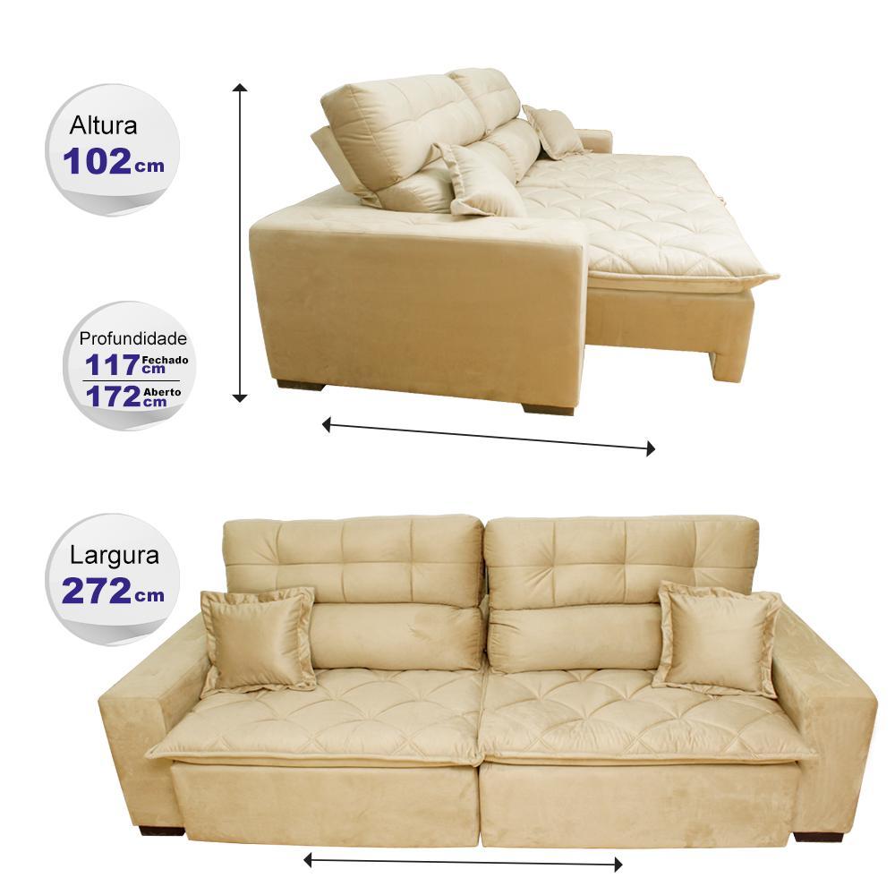 Sofá 2,72m Retrátil e Reclinável com Molas Cama inBox Confort Tecido Suede Velusoft Bege - 2