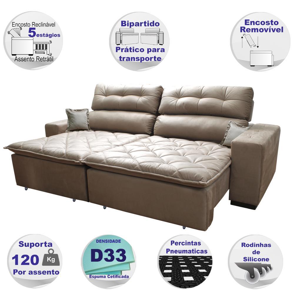 Sofá 2,62m Retrátil e Reclinável com Molas Cama inBox Confort Tecido Suede Velusoft Castor - 3
