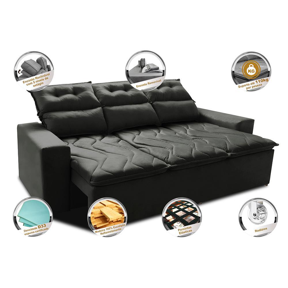 Sofá 3 Lugares Retrátil e Reclinável 2,00m Cama inBox Smal com bordado pantográfico Suede Cinza - 3