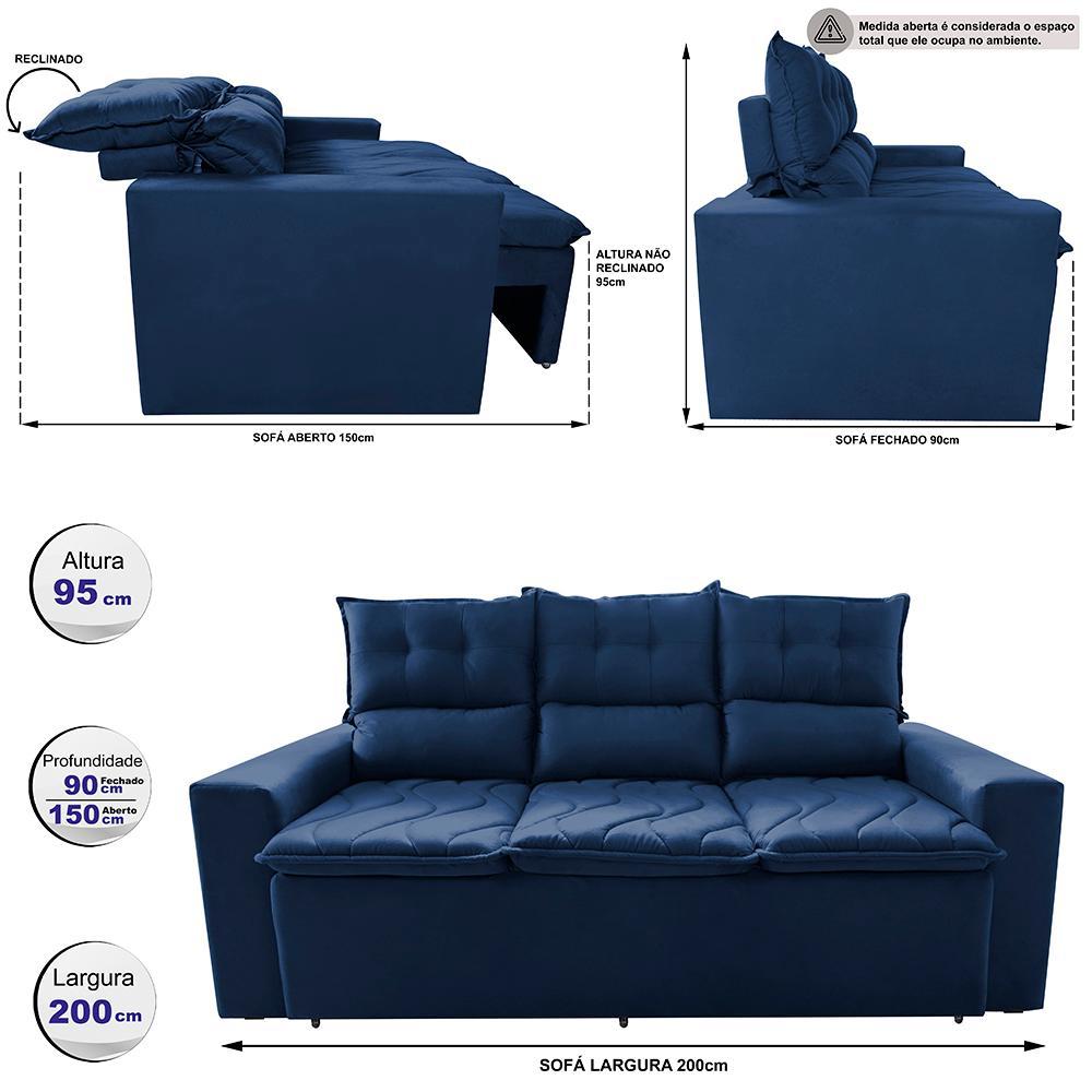 Sofá 3 Lugares Retrátil e Reclinável 2,00m Cama inBox Smal com bordado pantográfico Suede Azul - 2
