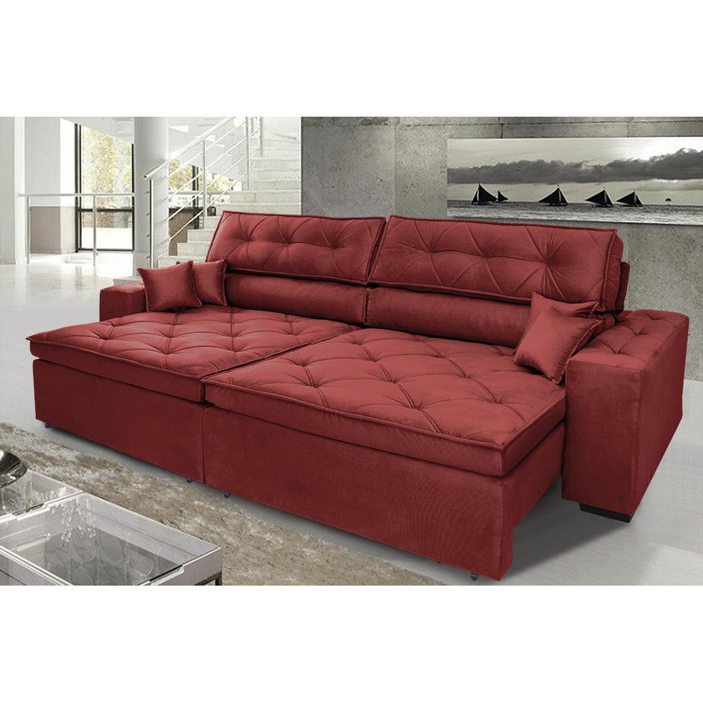 Sofá Austin 2,22m Retrátil, Reclinável com Molas no Assento e Almofadas, Suede Vermelho Cama inBox - 1