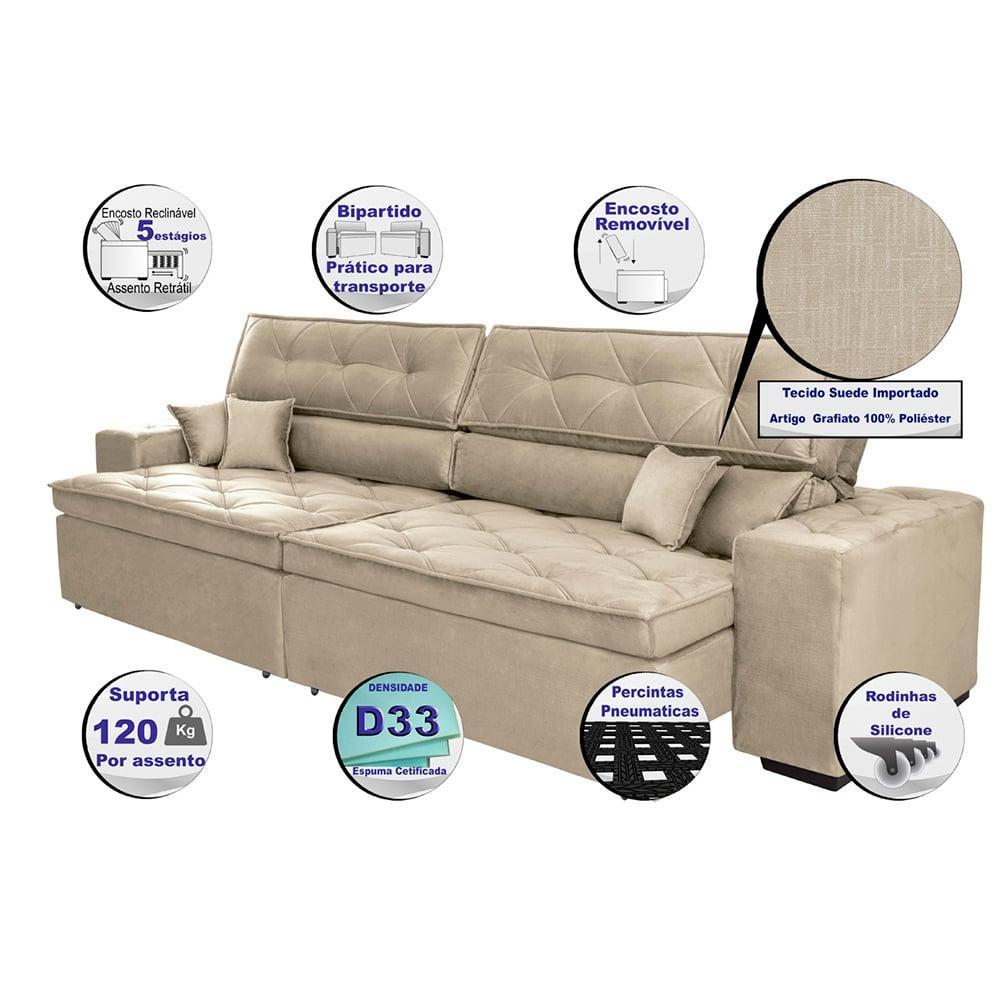 Sofá Austin 2,22m Retrátil, Reclinável com Molas no Assento e Almofadas, Suede Bege Cama inBox - 8