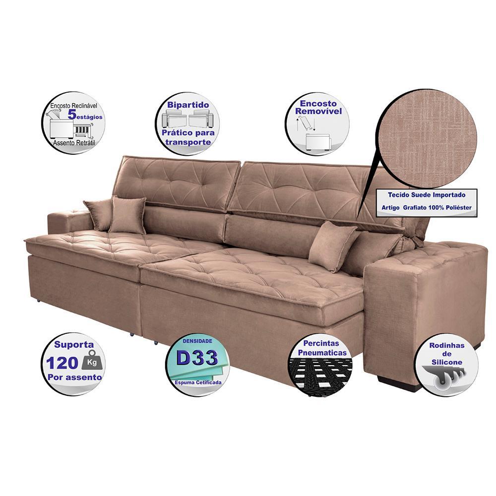 Sofá Austin 2,22m Retrátil, Reclinável com Molas no Assento e Almofadas, Suede Castor Cama inBox - 8