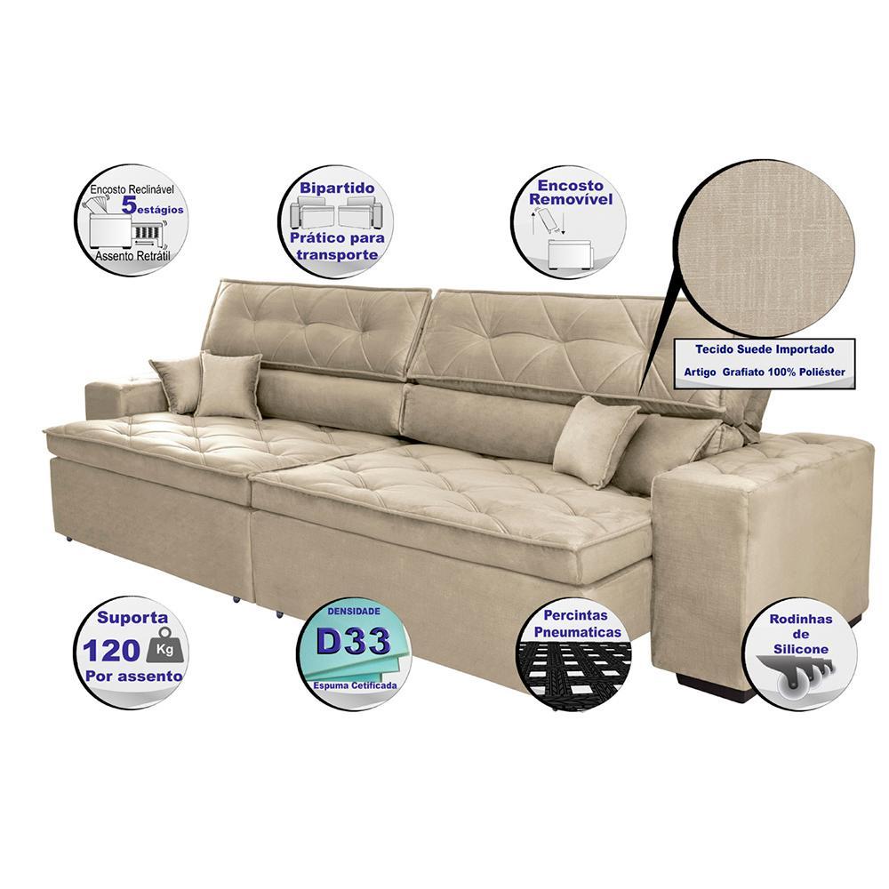 Sofá Austin 2,82m Retrátil, Reclinável com Molas no Assento e Almofadas, Suede Bege Cama inBox - 8