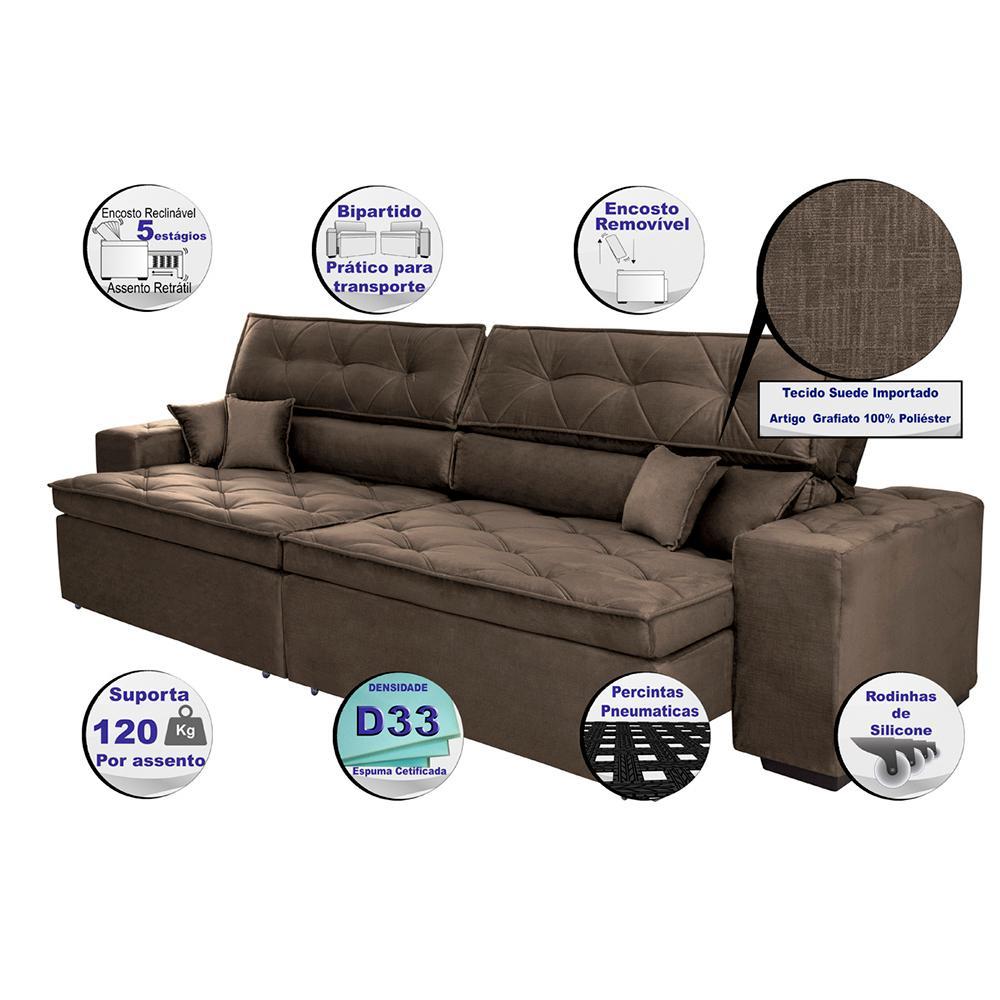 Sofá Austin 2,82m Retrátil, Reclinável com Molas no Assento e Almofadas, Suede Café Cama inBox - 8