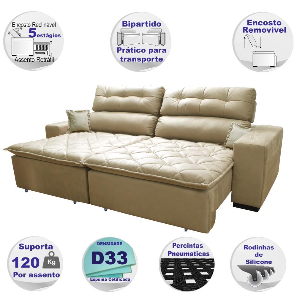 Sofá 3,02m Retrátil e Reclinável com Molas Cama inBox Confort Tecido Suede Velusoft Bege - 3