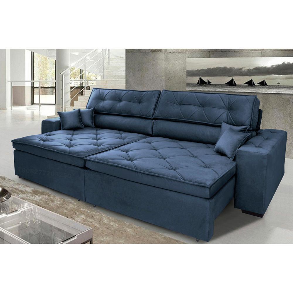 Sofá Austin 2,82m Retrátil, Reclinável com Molas no Assento e Almofadas, Suede Azul Cama inBox - 1