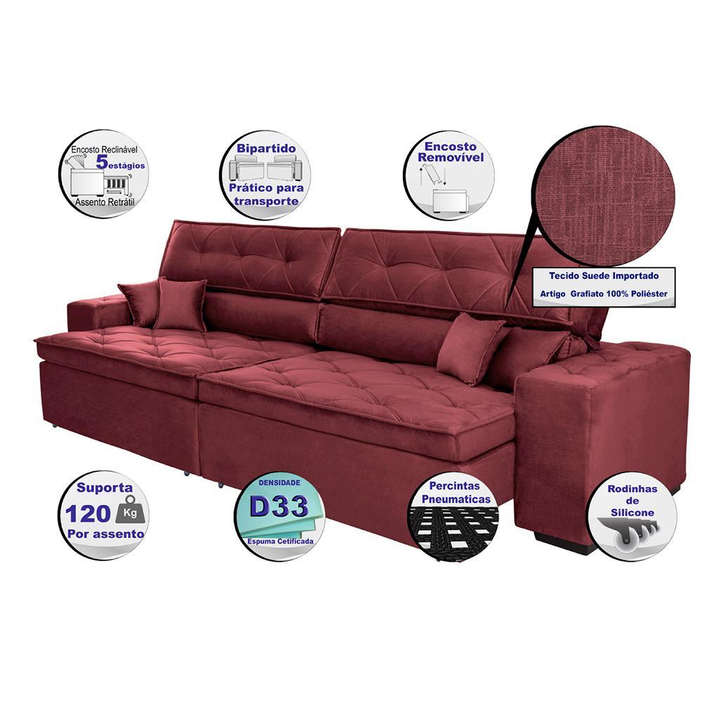 Sofá Austin 2,82m Retrátil, Reclinável com Molas no Assento e Almofadas, Tecido Suede Vinho - 8