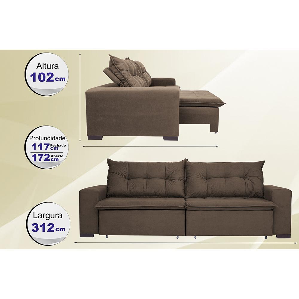Sofá Austrália 3,12 Mts Retrátil, Reclinável Com Molas e Pillow no Assento Tecido Suede Café - 2