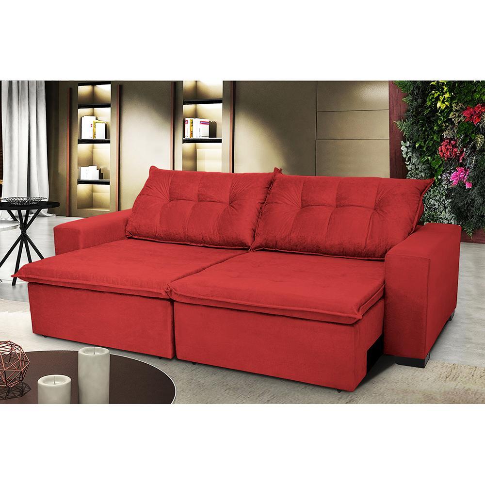 Sofá Austrália 3,12 Mts Retrátil, Reclinável Com Molas e Pillow no Assento Tecido Suede Vermelho - 1