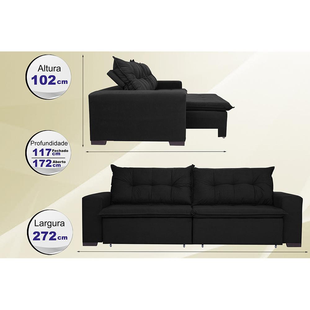 Sofá Austrália 2,72 Mts Retrátil, Reclinável Com Molas e Pillow no Assento Tecido Suede Preto - 2