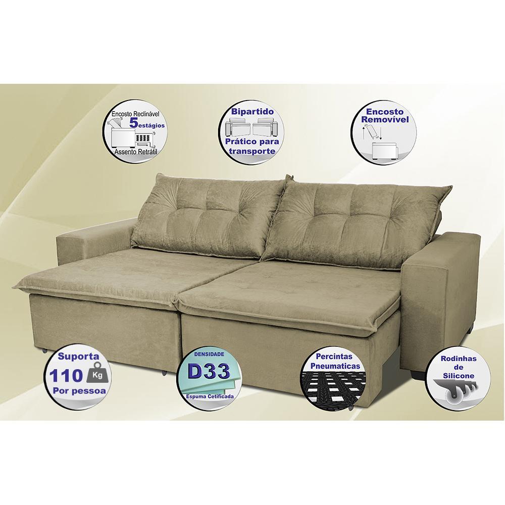 Sofá Austrália 2,72 Mts Retrátil, Reclinável Com Molas e Pillow no Assento Tecido Suede Castor - 3